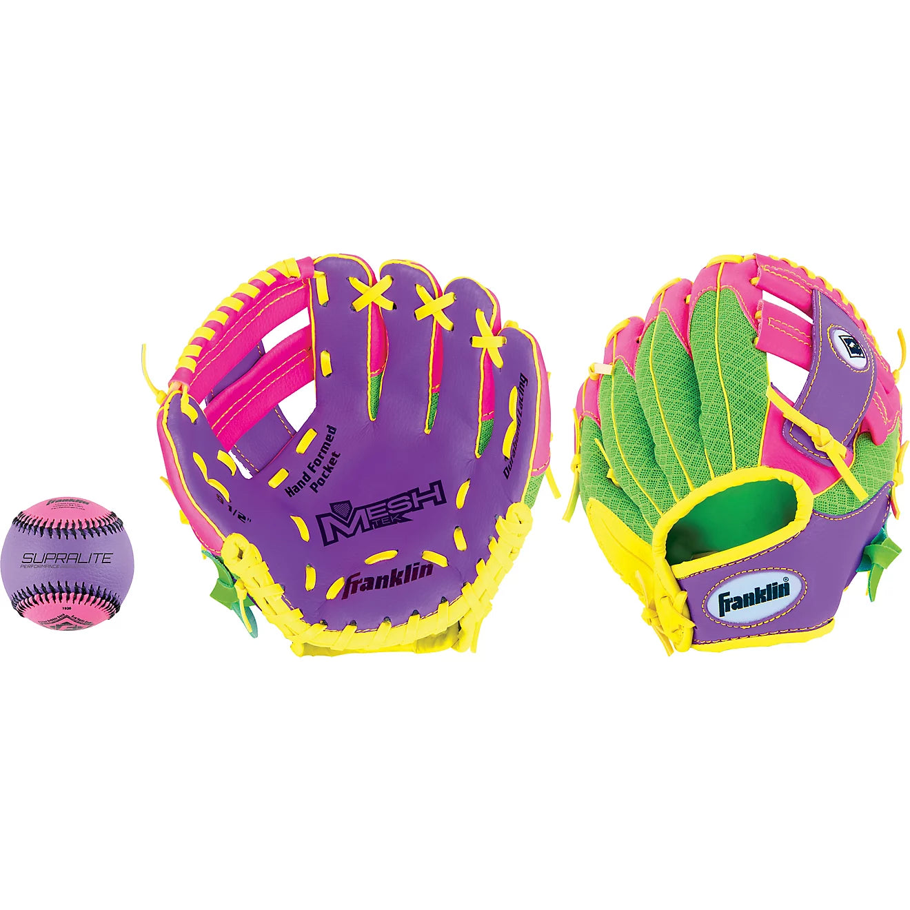 Meshtek Tee-Ball Mitt - 9.5" Purple/Lime/Yellow Right Hand Throw with Ball