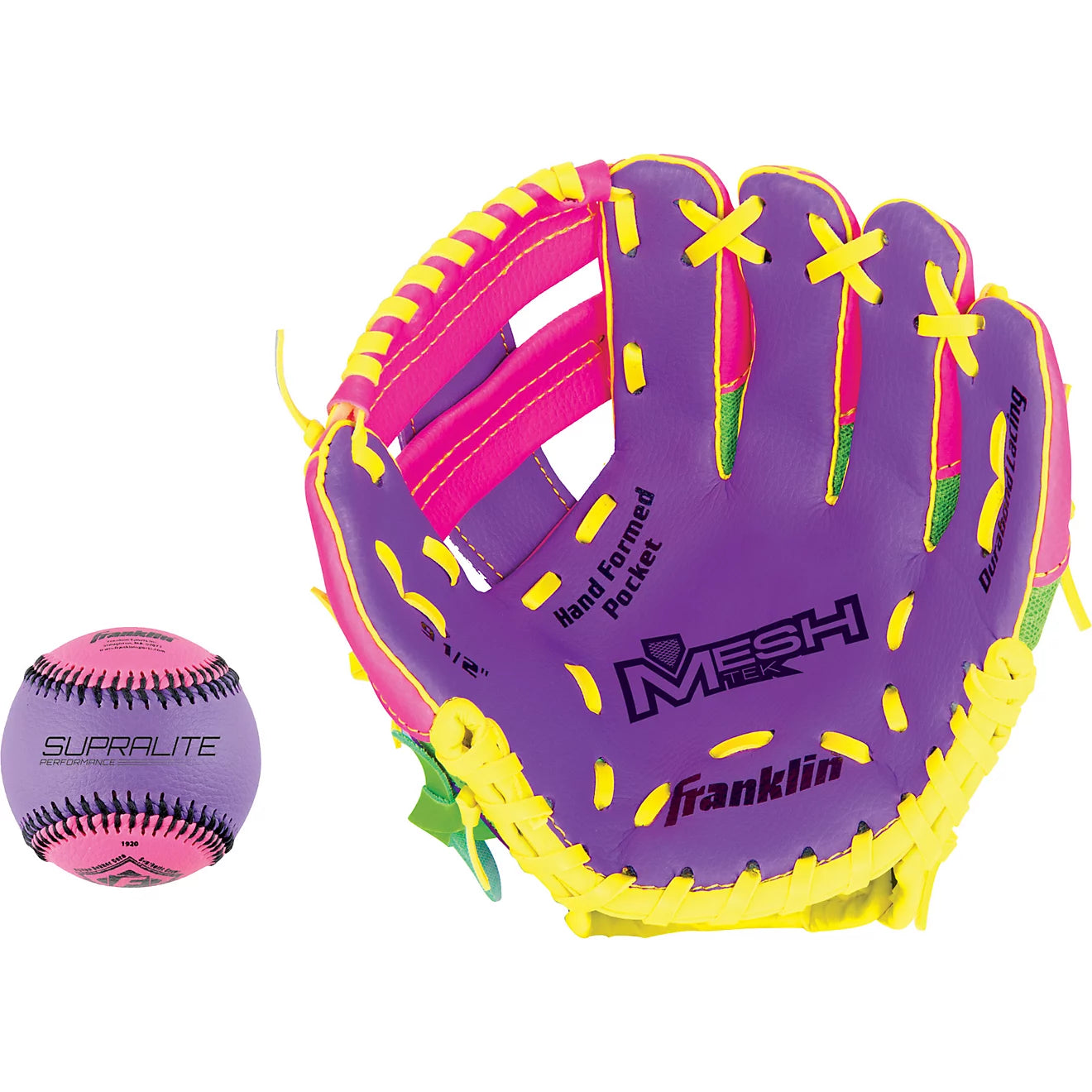 Meshtek Tee-Ball Mitt - 9.5" Purple/Lime/Yellow Right Hand Throw with Ball