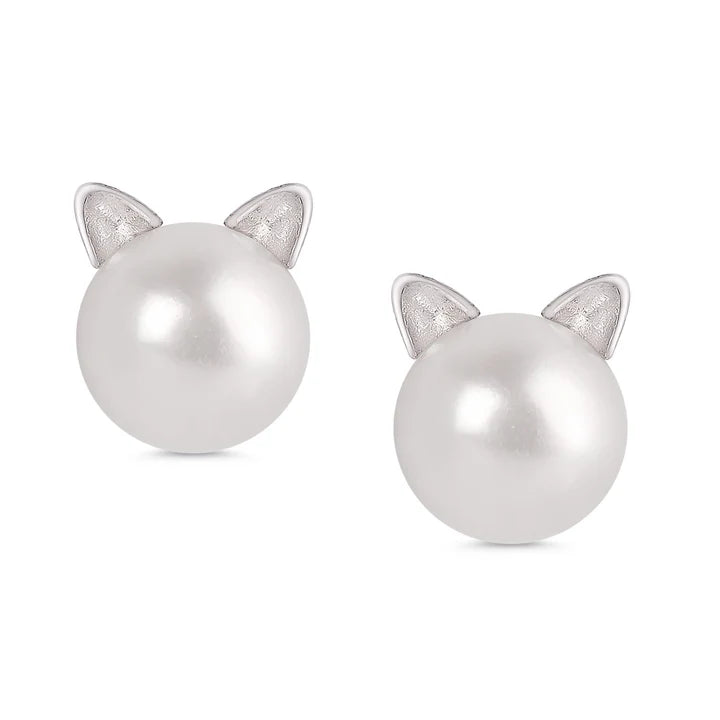 PEARL CAT STUD EARRINGS - SILV