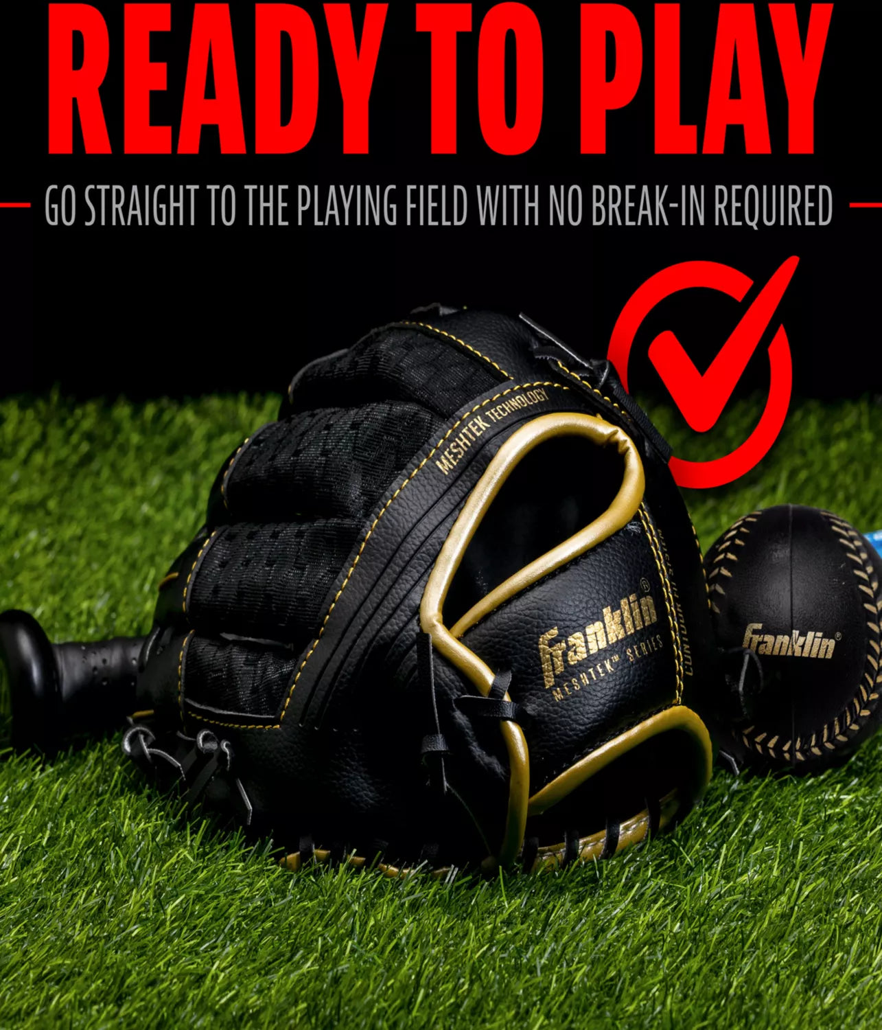Meshtek Tee-Ball Mitt - Black/Gold Right Hand Throw 9.5" with Ball
