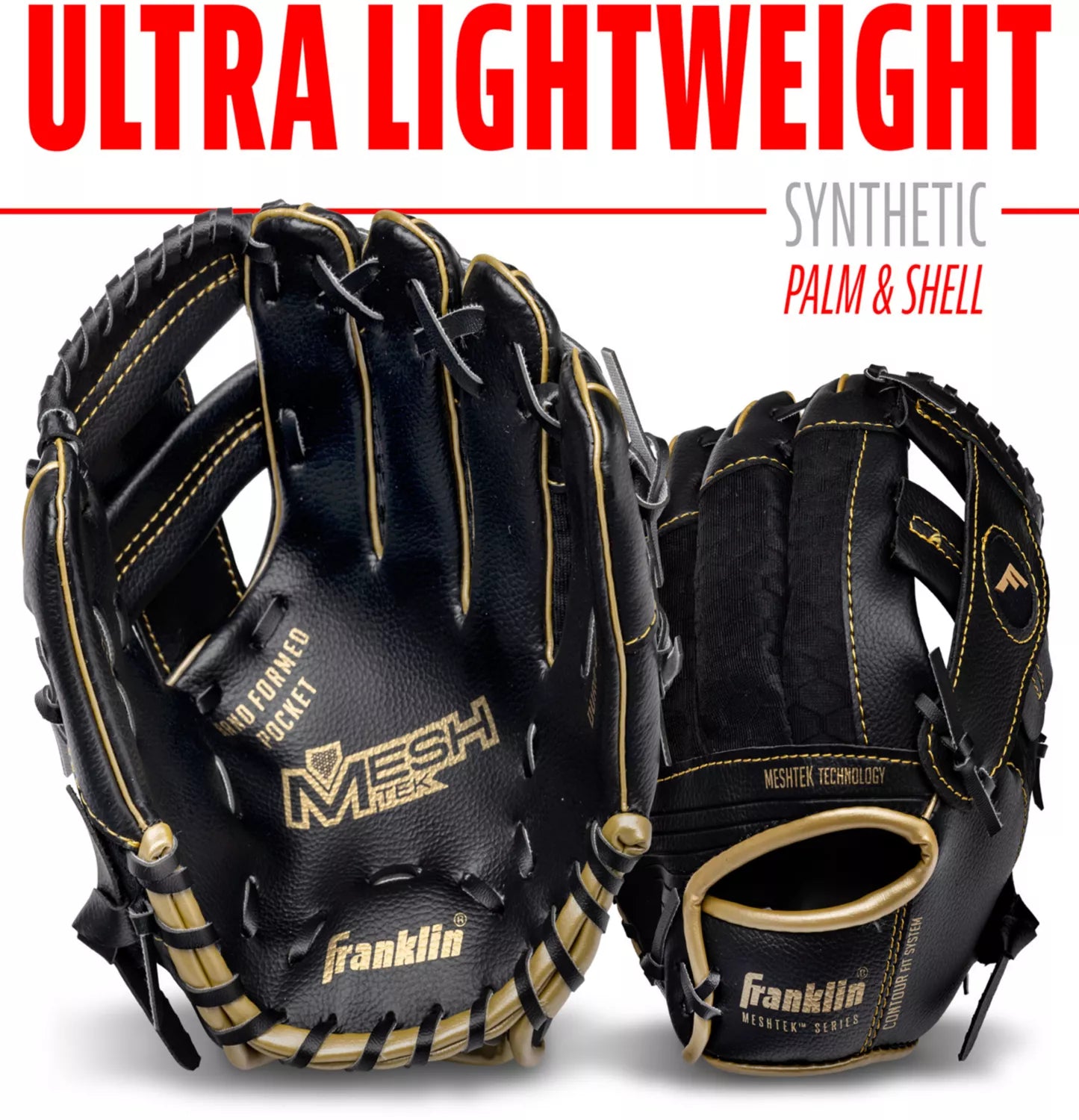 Meshtek Tee-Ball Mitt - Black/Gold Right Hand Throw 9.5" with Ball
