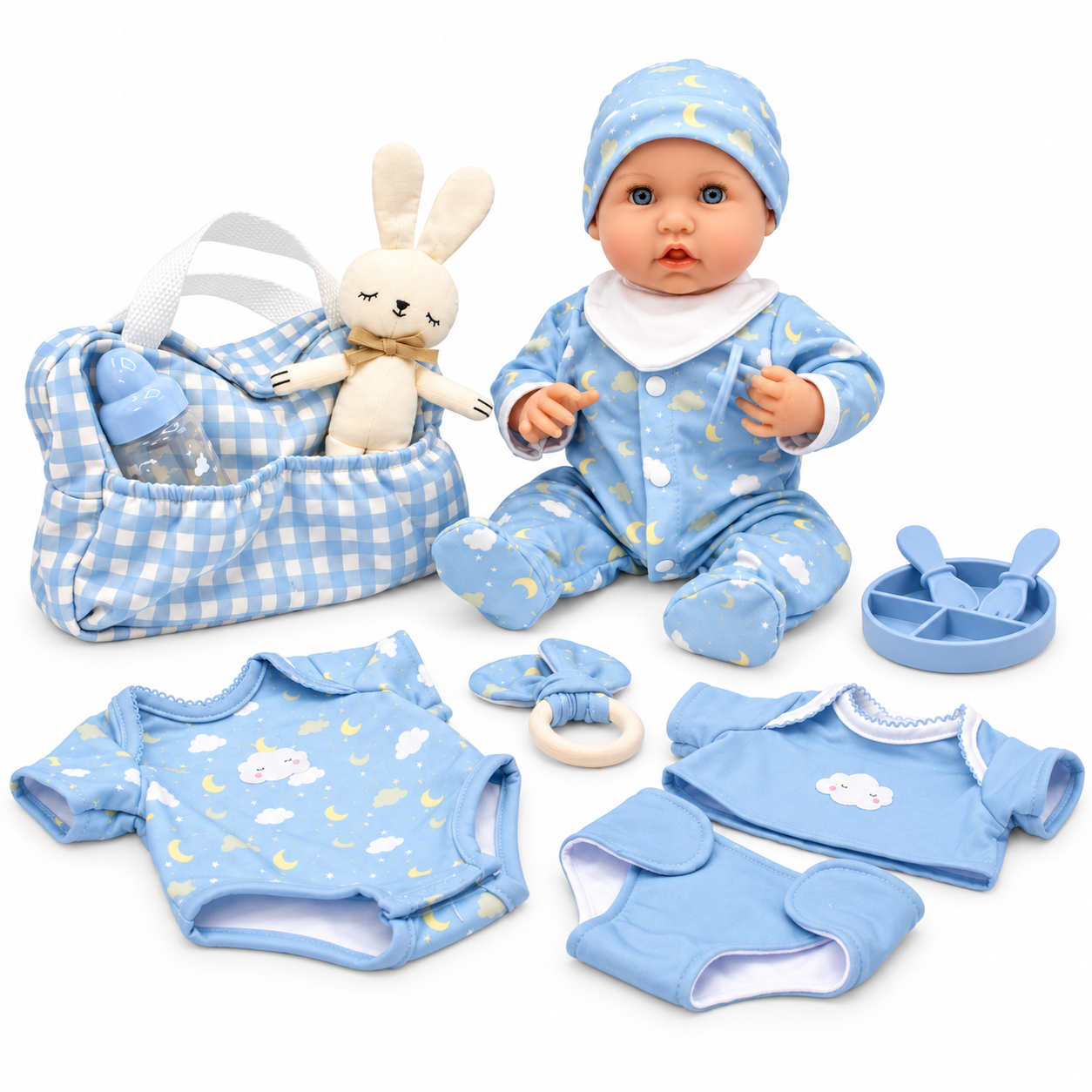 Bonbebé® 15.5” Weighted Reborn Baby Doll with Real Heartbeat, 16-Piece Gift Set (Blue, Caucasian)