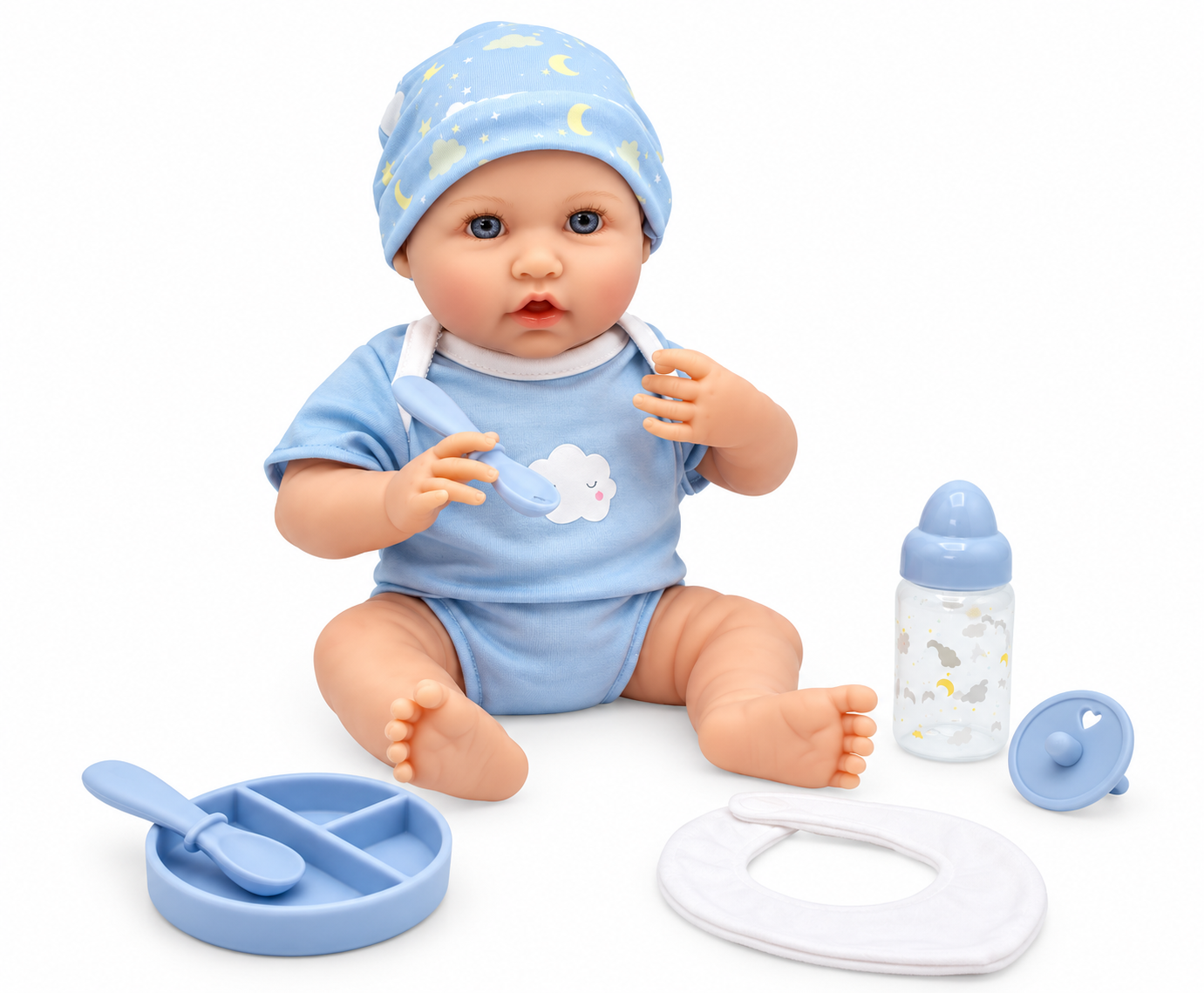 Bonbebé® 15.5” Weighted Reborn Baby Doll with Real Heartbeat, 16-Piece Gift Set (Blue, Caucasian)