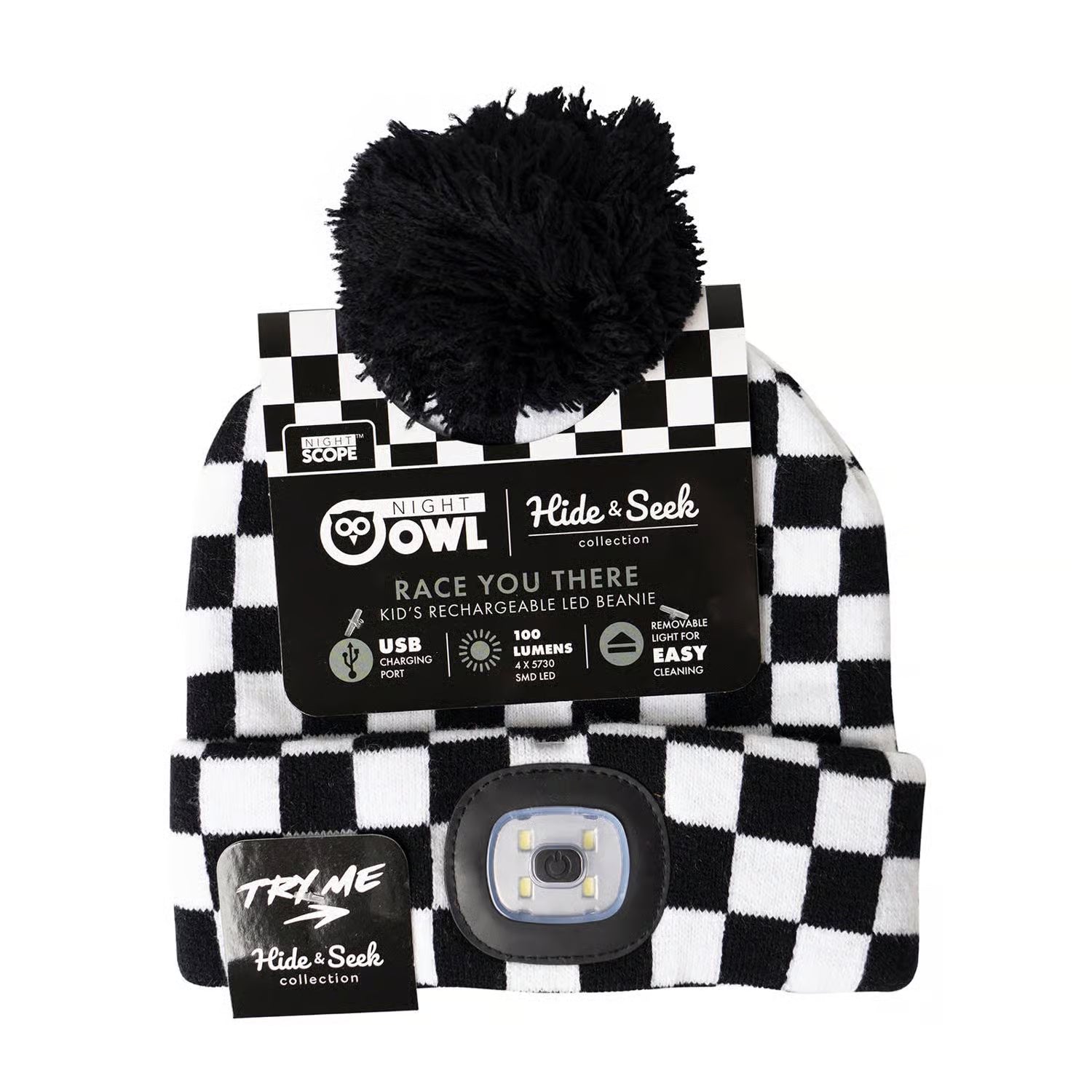 Night Scope Kids Hide &amp; Seek Rechargeable LED Beanie Black/White