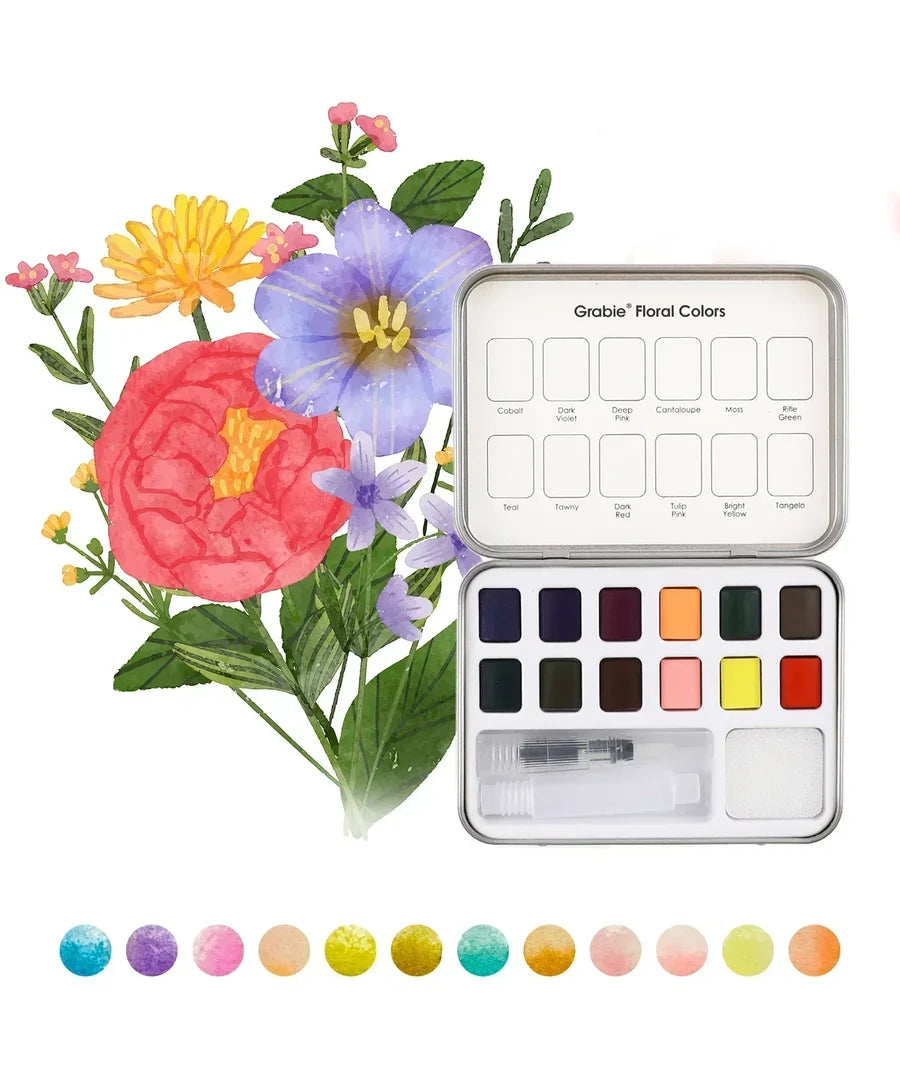 Floral Colors Watercolor Pocket Set of 12 with Brush