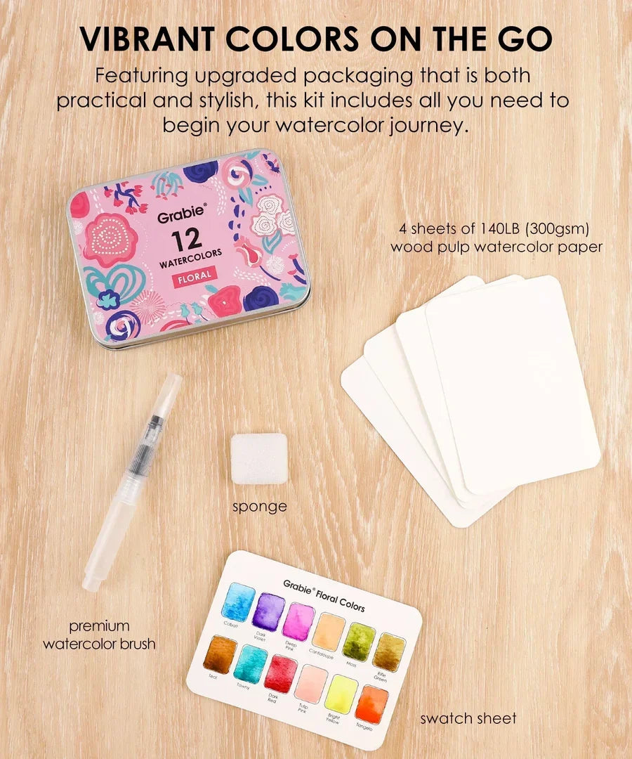 Floral Colors Watercolor Pocket Set of 12 with Brush