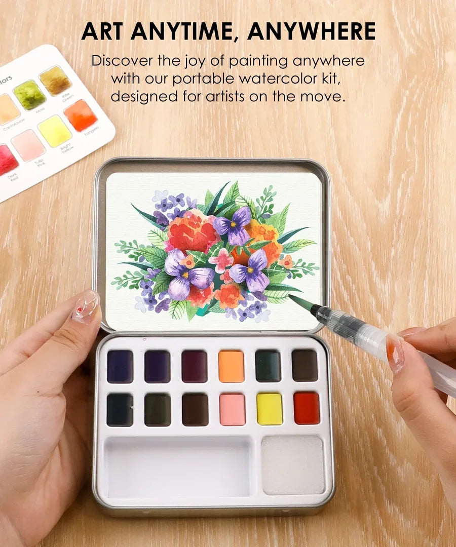 Floral Colors Watercolor Pocket Set of 12 with Brush