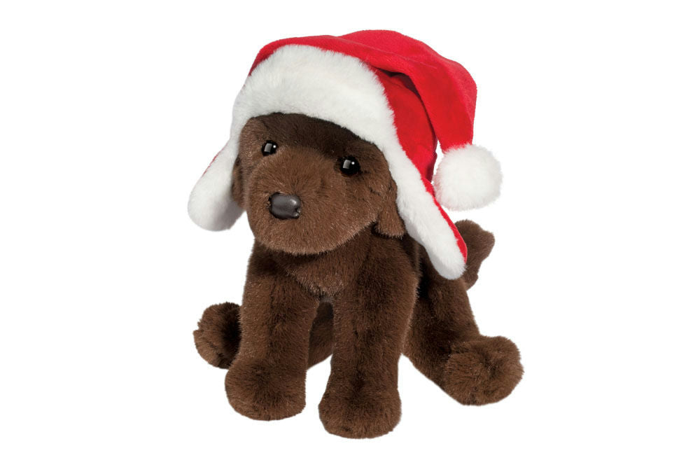 Chocolate Lab with Santa Bomber Hat