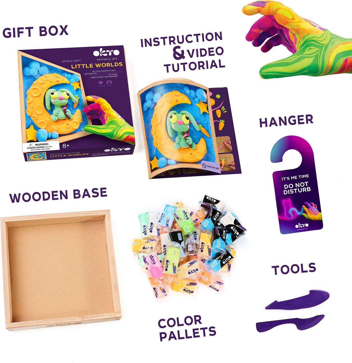 OKTO Little Worlds - Bunny on the Moon - Foam Air‑Dry Clay Wooden Art Kit (8.3" Square) - Ages 8+