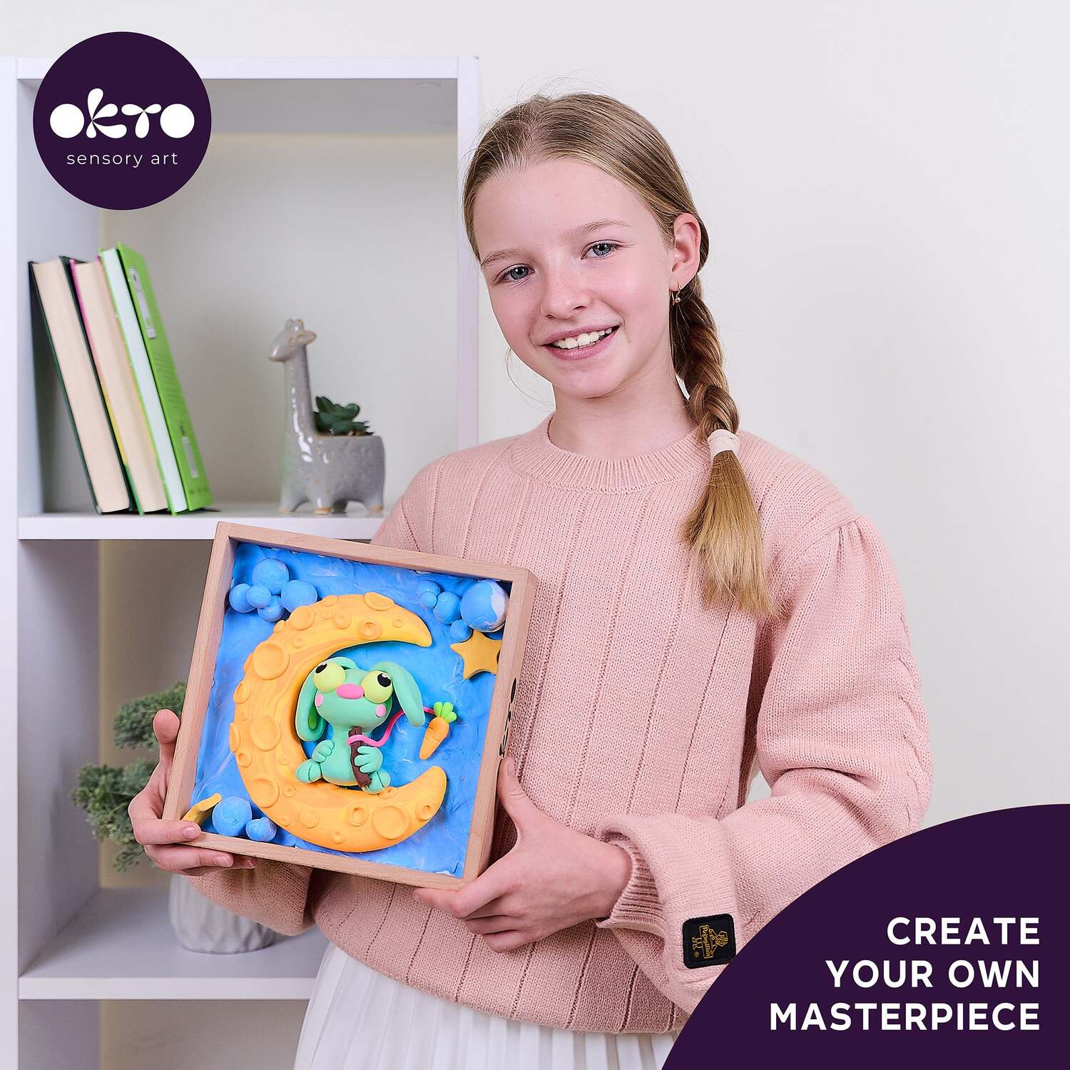 OKTO Little Worlds - Bunny on the Moon - Foam Air‑Dry Clay Wooden Art Kit (8.3" Square) - Ages 8+