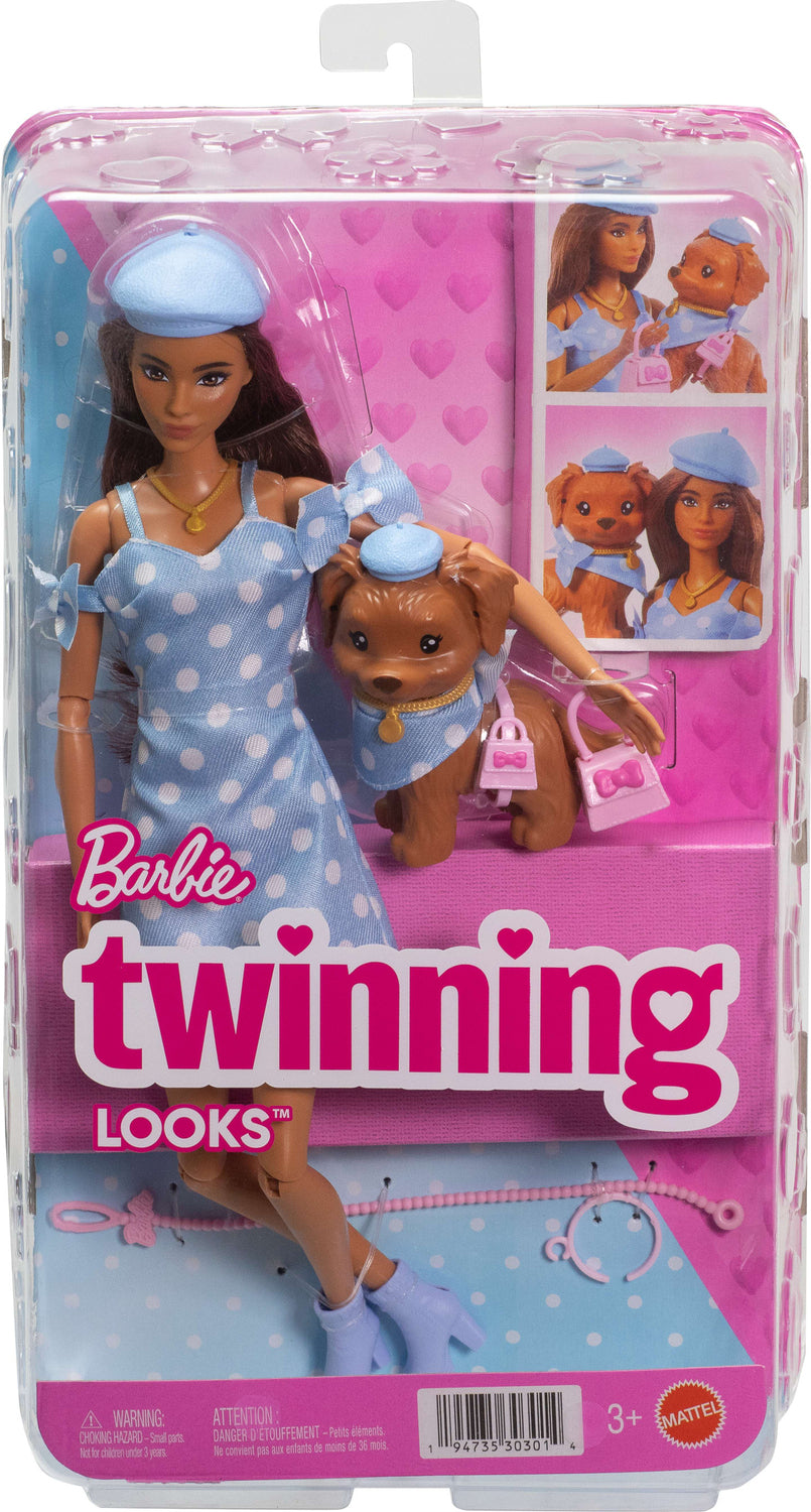 Barbie Twinning Looks Fashion Doll with Pet Dog, Matching Blue Clothes & Accessories, Brunette