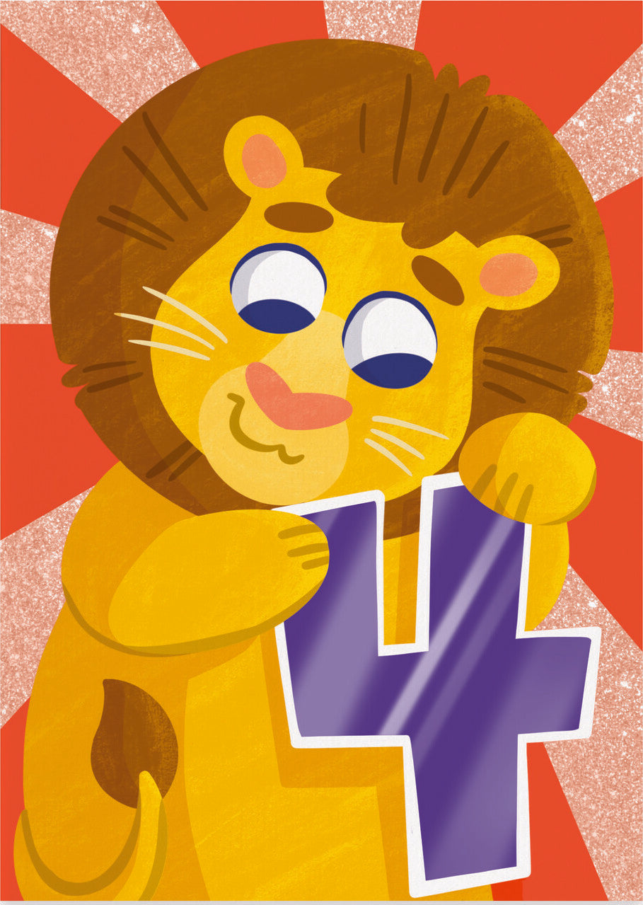 Birthday Card - 4 year Hip Hip Hooray Lion