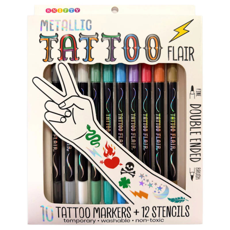 Metallic Tattoo Flair 10 Tattoo Markers + 12 Stencils