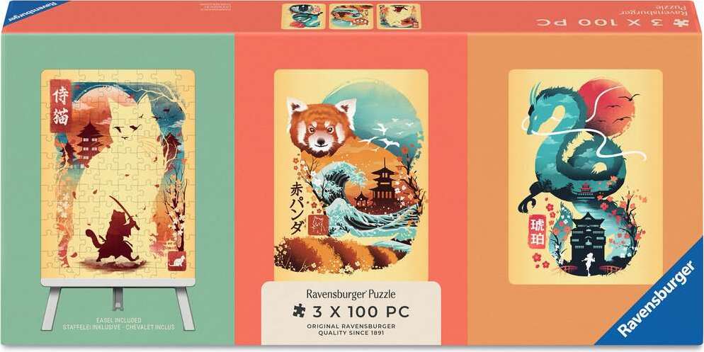 Cat Warrior, Red Panda & Dragon 3x100pc Mini Puzzles