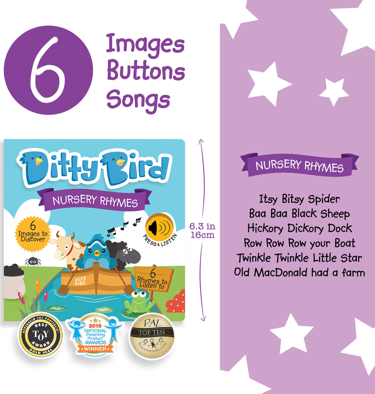Libro Sonoro Ditty Bird Nursery Rhymes | 6 Canciones En Inglés Para Bebés +1 Año | Interactivo Con Botones | Desarrolla Audición Y Motricidad | Regalo Educativo Con Pilas Incluidas