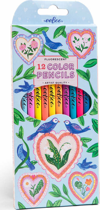 Hearts & Birds 12 Fluorescent Color Pencils
