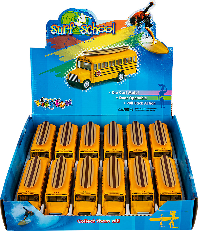 5" Die-cast Pull Back School Bus With Surfboard